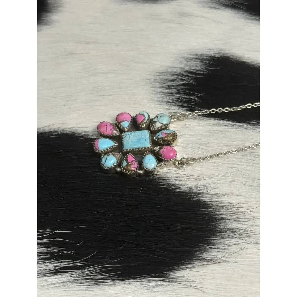 Native Southwest Sterling Silver Cotton Candy Turquoise Cluster Pendant Necklace